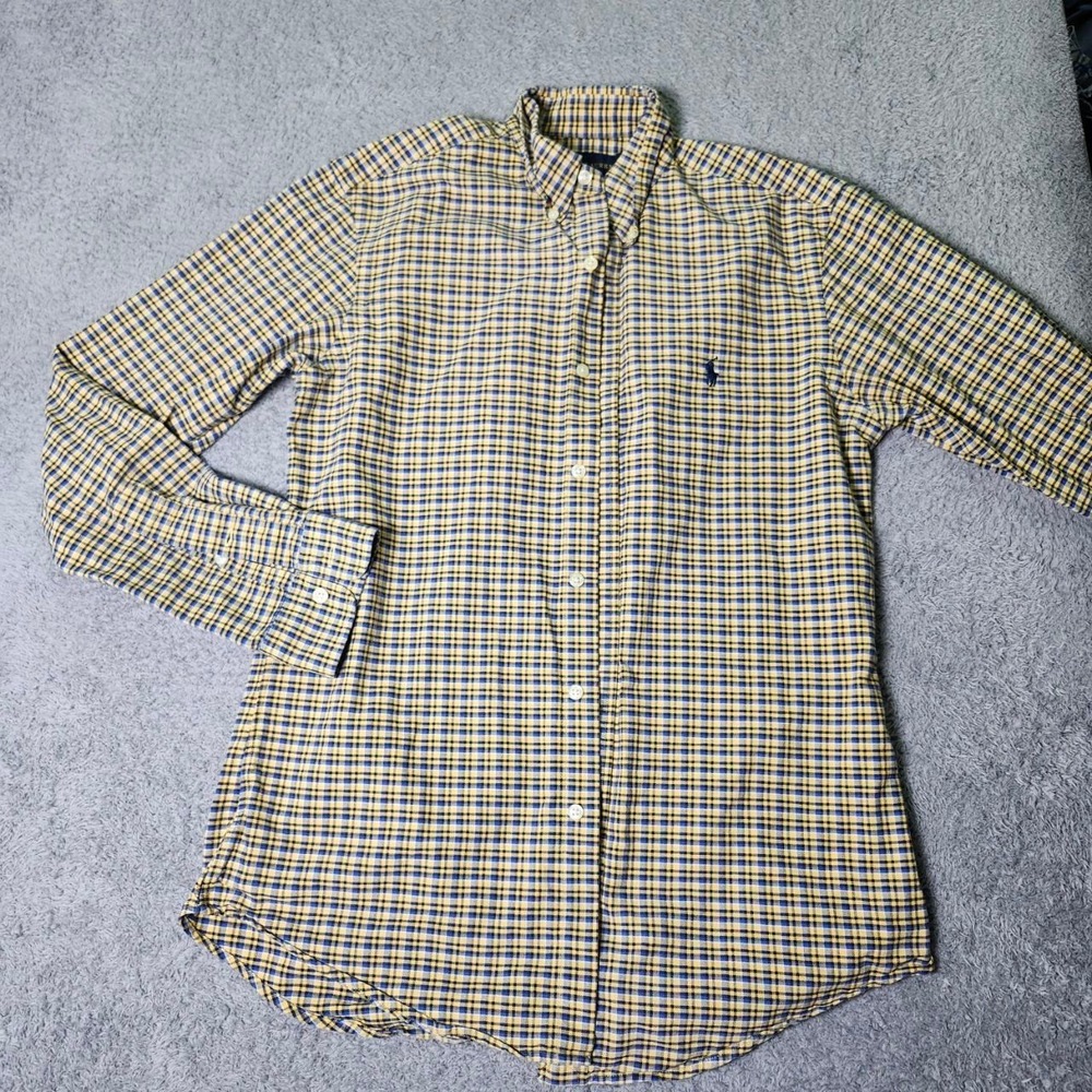 Ralph Lauren Mens S Custom Fit Button Down Shirt Yellow Blue Plaid Cotton Logo